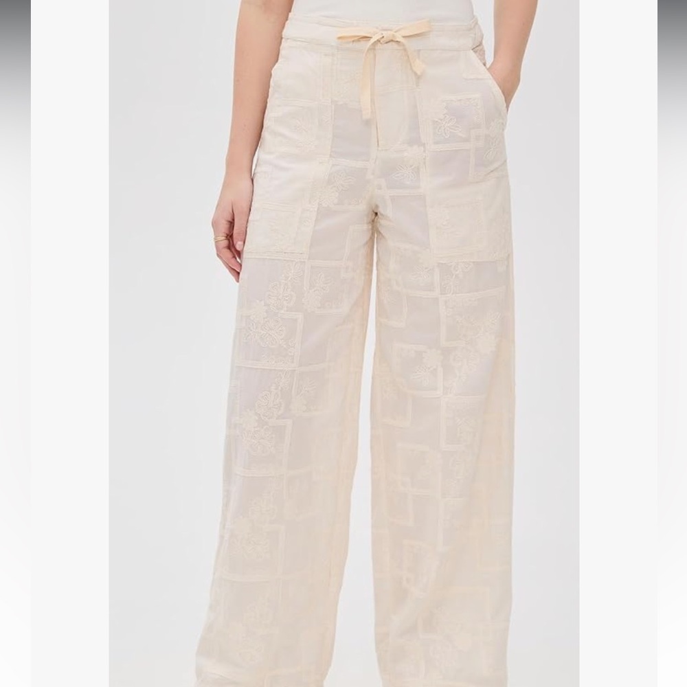 Embroidered beige wide leg pants